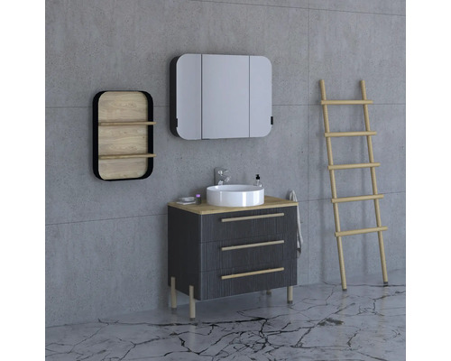 Koupelna s umyvadlovou skříňkou, zrcadlovou skříňkou, policí a žebříkem