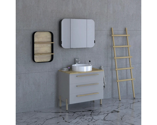 Koupelna s umyvadlovou skříňkou, zrcadlovou skříňkou, policí a žebříkem