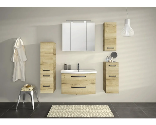 Koupelnový set s umyvadlovou skříňkou, zrcadlovou skříňkou a vysokými skříněmi v moderním designu