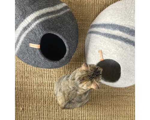Dvě kočičí jeskyně z plsti s pruhovaným vzorem a kočka před nimi