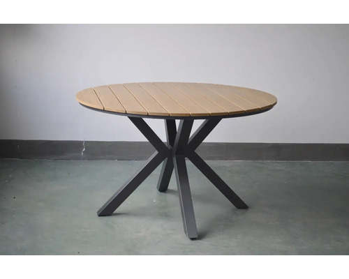 Kulatý zahradní stůl s deskou stolu se vzhledem dřeva a kovovým rámem