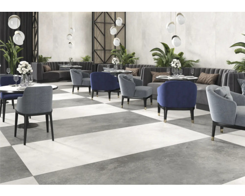 Restaurace s křesly, stoly a šachovnicovými dlaždicemi