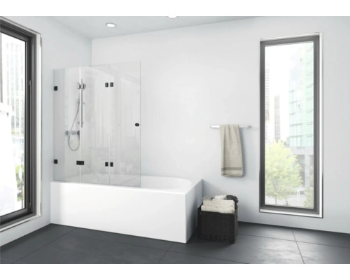 Vanová zástěna 3dílná Aurlane Black Soul 3 120x140 cm čiré sklo barva profilu černá BWF311 Moderní koupelna s vanou, skleněnou sprchovou zástěnou a držákem na ručníky.
