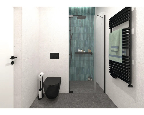 Moderní koupelna se sprchou, toaletou a radiátorem na ručníky