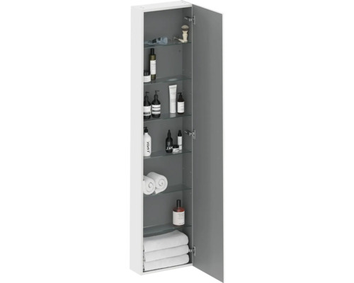 Koupelnová skříňka se skleněnými policemi a různými koupelnovými potřebami