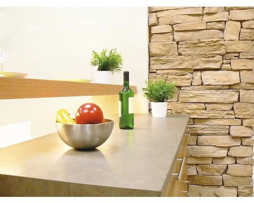 Kuchyňská scéna s pracovní deskou, mísou s ovocem, lahví vína a kamennou zdí