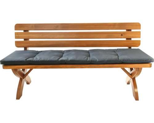 Dřevěná zahradní lavice se šedým polstrováním