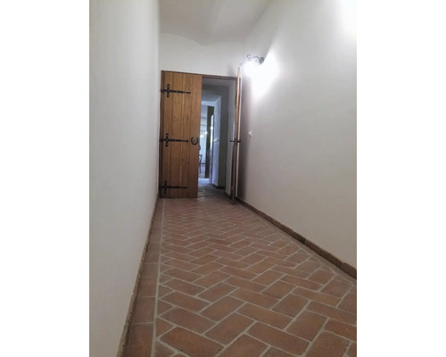 Chodba s cihlovou podlahou ve tvaru rybí kosti a dřevěnými dveřmi