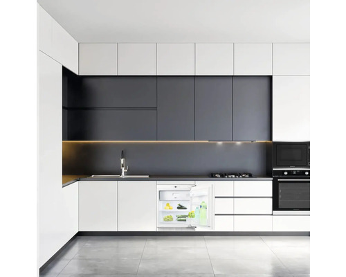 Moderní kuchyně s vestavěnou chladničkou, dřezem, varnou deskou, mikrovlnnou troubou a troubou