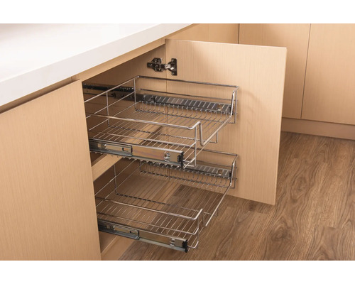 Kuchyňská skříňka se dvěma výsuvnými drátěnými koši pro skladování