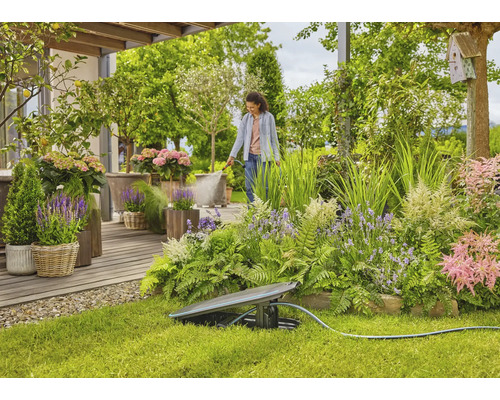 Zahrada s postřikovačem a ženou zalévající rostliny
