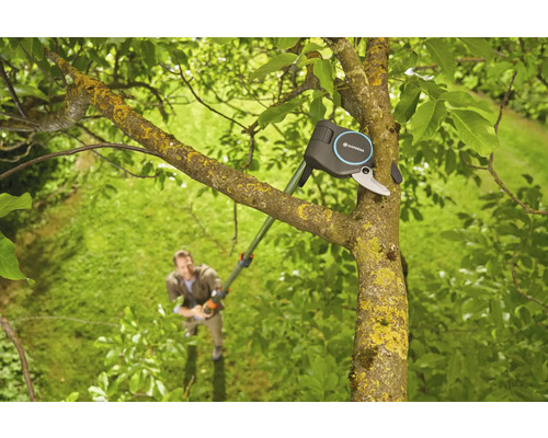 Nůžky na větve Gardena v akci na stromě, v pozadí stojí osoba.