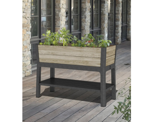 Zvýšený záhon z umělého dřeva a plastu s úložným prostorem pro venkovní použití