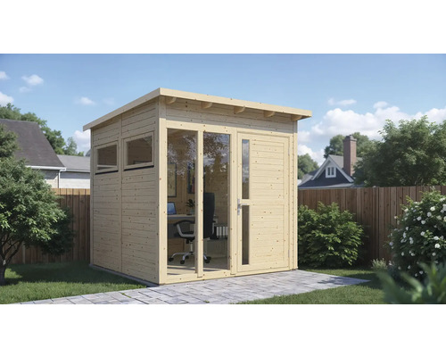 Zahradní domek Bertilo Pentus 2 Office včetně podlahy 226x234 cm přírodní Dřevěný zahradní domek s okny a dveřmi na zahradě