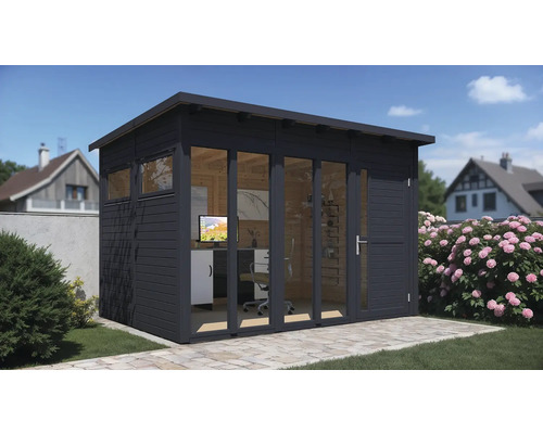 Zahradní domek Bertilo Pentus 3 Kancelář včetně podlahy 336x234 cm antracit Moderní zahradní domek s okny a kancelářským vybavením