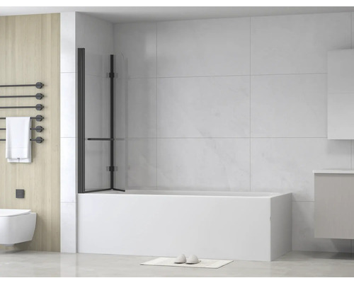 Moderní koupelna s vanou, sprchovou zástěnou, topením a koupelnovým nábytkem pro světlé a organizované prostředí.