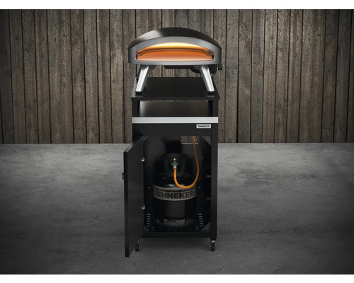 Plynová trouba na pizzu Tenneker na vozíku s otevřenými dveřmi