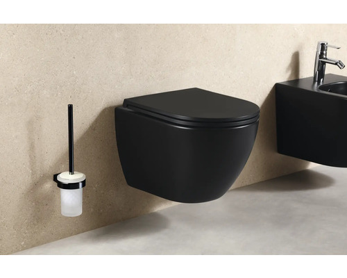 Závěsný klozet a WC souprava v koupelně.