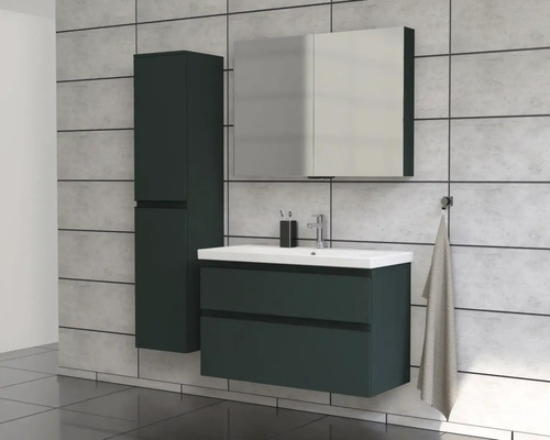 Koupelna s umyvadlovou skříňkou, zrcadlovou skříňkou a vysokou skříňkou