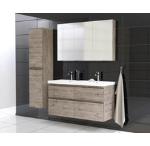 Koupelna s umyvadlovou skříňkou, zrcadlovou skříňkou a vysokou skříňkou v moderním designu