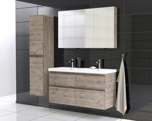 Koupelna s umyvadlovou skříňkou, zrcadlovou skříňkou a vysokou skříňkou v moderním designu
