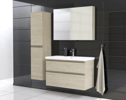 Moderní koupelnový komplet s umyvadlovou skříňkou, zrcadlovou skříňkou a vysokou skříňkou