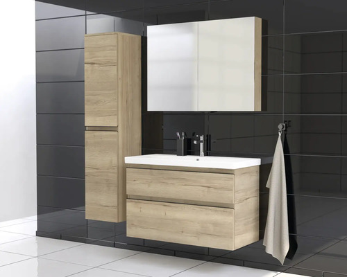 Koupelnový set s umyvadlem, zrcadlovou skříňkou a vysokou skříní v moderním designu