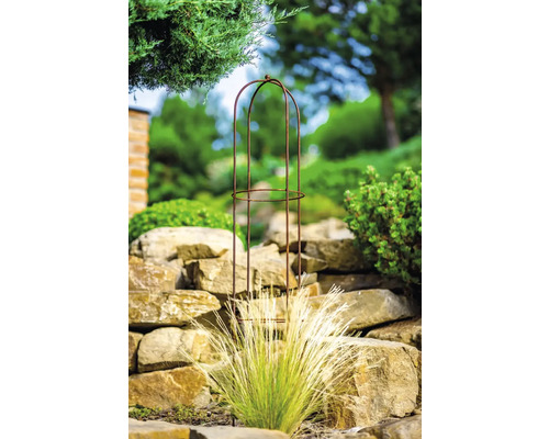 Pohled do zahrady s kovovou podpěrou pro rostliny