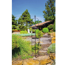 Kovová podpěra pro rostliny se třemi policemi na zahradě.