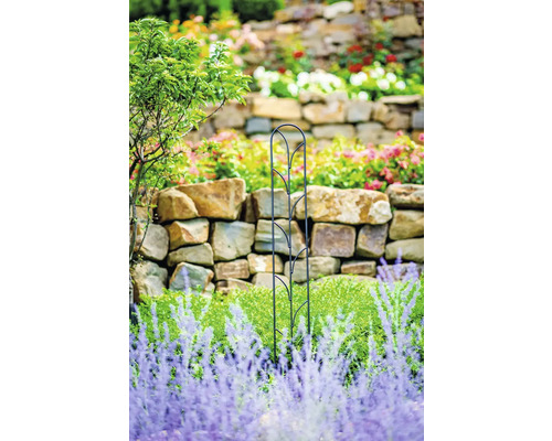 Zahradní scéna s podpěrou rostlin před kamennou zdí