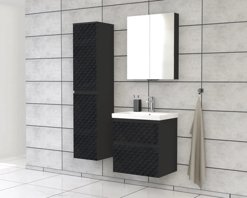 Koupelna s umyvadlovou skříňkou, zrcadlovou skříňkou a vysokou skříní v moderním designu