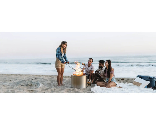Scéna na pláži se skupinou přátel sedících kolem přenosného ohniště a opékajících marshmallows