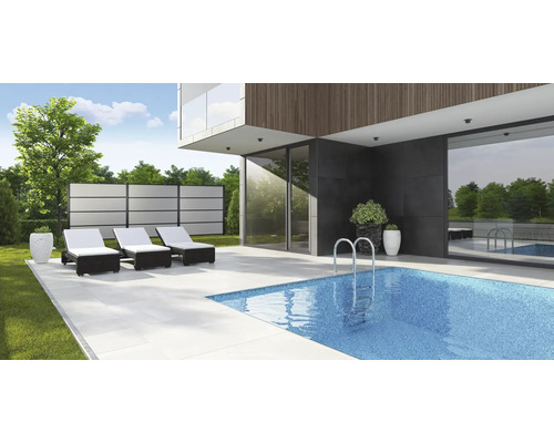 Moderní zahrada s bazénem, lehátky a zástěnou