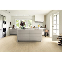 Světlá kuchyně s kuchyňským ostrovem a světlou dřevěnou podlahou.