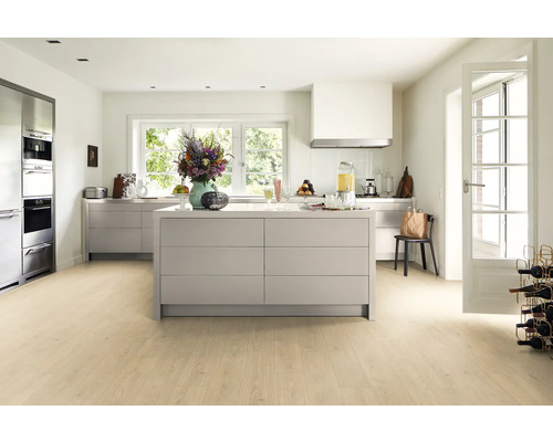 Světlá kuchyně s kuchyňským ostrovem a světlou dřevěnou podlahou.