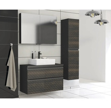 Koupelna s umyvadlem, zrcadlovou skříňkou a vysokou skříňkou v moderním designu