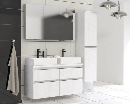 Moderní koupelnový nábytek se skříňkou pod umyvadlo, dvěma umyvadly, zrcadlovou skříňkou a vysokou skříní