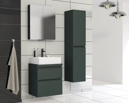 Moderní koupelna s umyvadlovou skříňkou, zrcadlovou skříňkou a vysokou skříňkou pro stylové zařízení