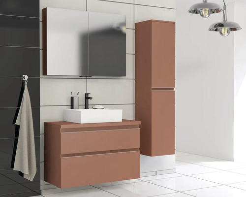 Moderní koupelnový set s umyvadlovou skříňkou, umyvadlem na desku, zrcadlovou skříňkou a vysokou skříní