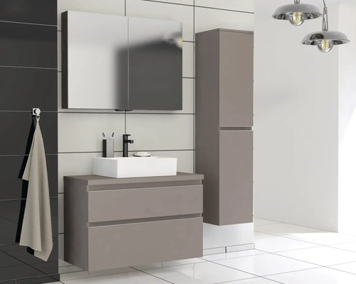 Moderní koupelnový komplet s umyvadlem, zrcadlovou skříňkou a vysokou skříní