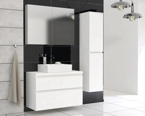 Moderní koupelna s bílou skříňkou pod umyvadlo, zrcadlovou skříňkou a vysokou skříní před černou stěnou