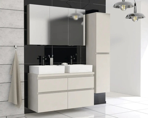 Koupelnový komplet s umyvadlovou skříňkou, umyvadlem na desku, zrcadlovou skříňkou a vysokou skříňkou