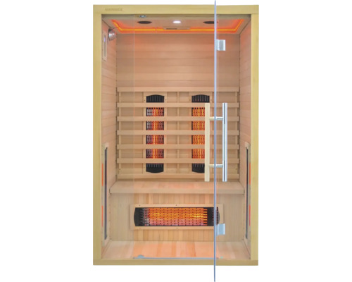 Infračervená sauna s prosklenou přední stěnou a dřevěným rámem