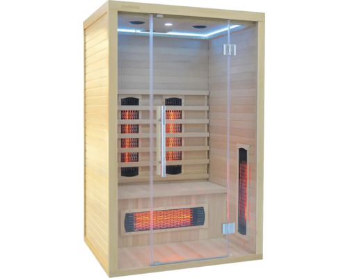 Vnitřní pohled na dřevěnou infračervenou saunu se skleněnými dveřmi a infračervenými zářiči
