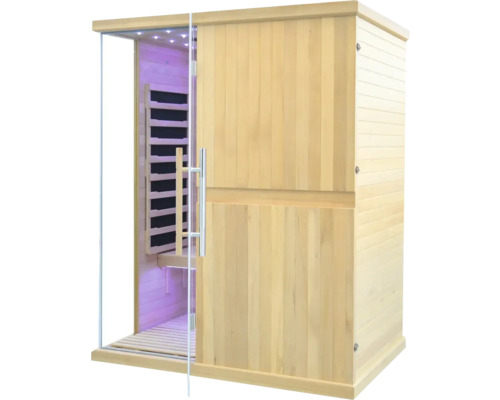 Dřevěná sauna se skleněnými dveřmi a LED osvětlením