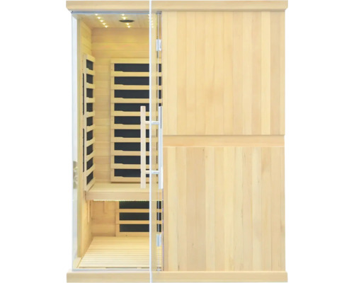 Infračervená sauna s dřevěnými stěnami a skleněnými dveřmi
