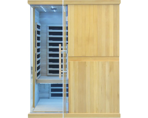 Infračervená sauna s dřevěnými stěnami a skleněnými dveřmi