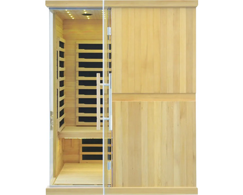 Vnitřní pohled na saunu se skleněnou přední stranou a dřevěným obložením