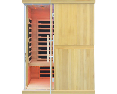 Infračervená sauna s prosklenými dveřmi a dřevěným obkladem