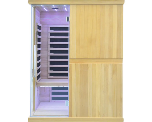 Infračervená sauna s dřevěným obložením a skleněnými dveřmi